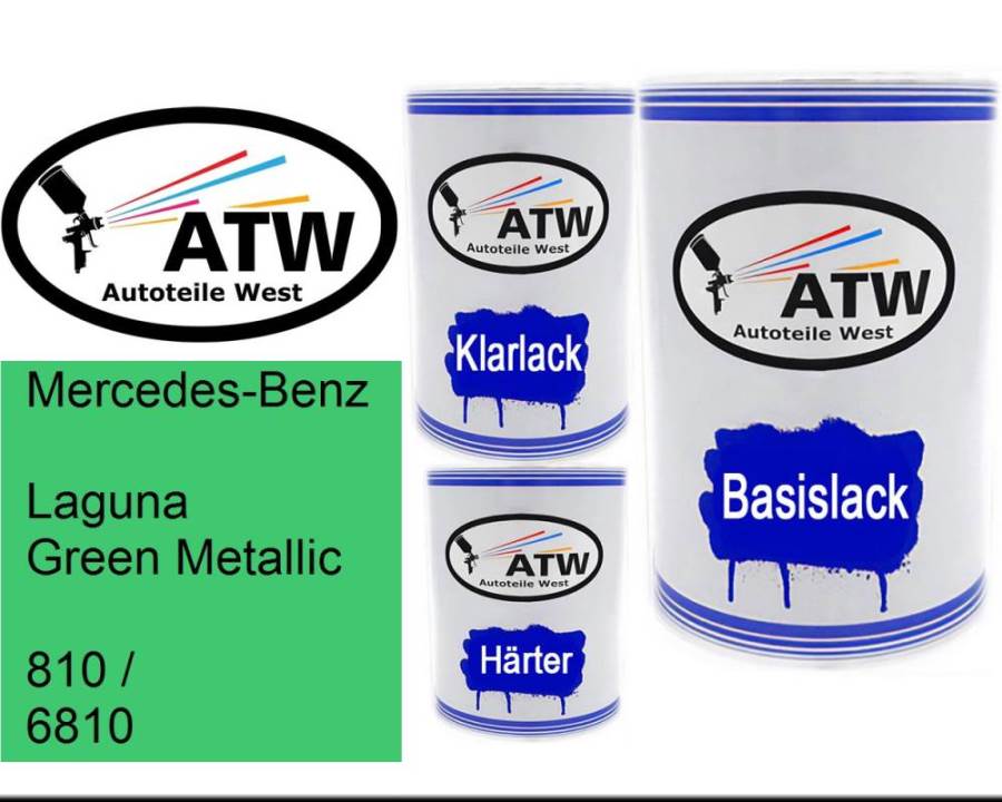 Mercedes-Benz, Laguna Green Metallic, 810 / 6810: 500ml Lackdose + 500ml Klarlack + 250ml Härter - Set, von ATW Autoteile West.